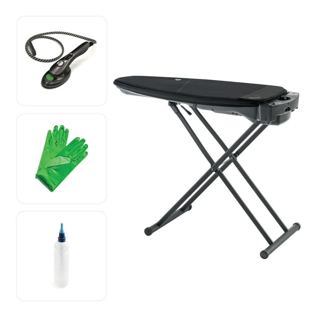 Système de repassage Andy : planche à repasser aspirante et soufflante professionnelle avec vapeur intégrée. La seule planche à repasser qui fonctionne sans fer à repasser. Avec accessoire Mimo inclus, elle fonctionne comme un fer à repasser pour repasser les détails ou même comme un fer à repasser vertical professionnel.